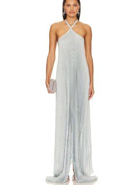 NEW L'IDEE x REVOLVE Deesse Gown in Mist Light Grey Halter Formal Maxi Dress XS